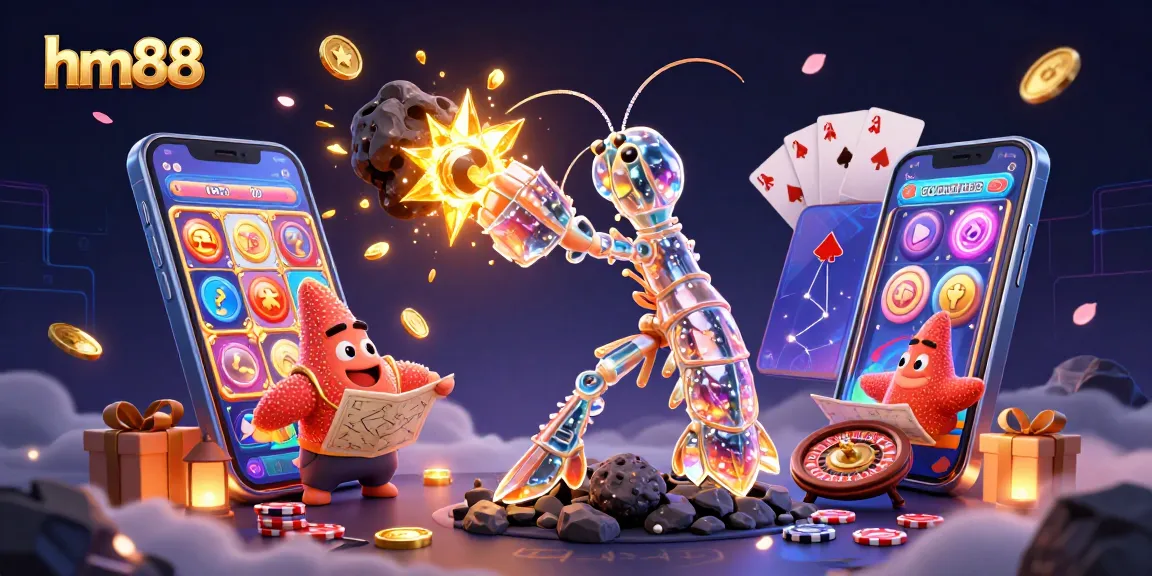 hm88 showcases an exciting casino scene with a mantis shrimp and starfish, amidst dynamic gaming elements.