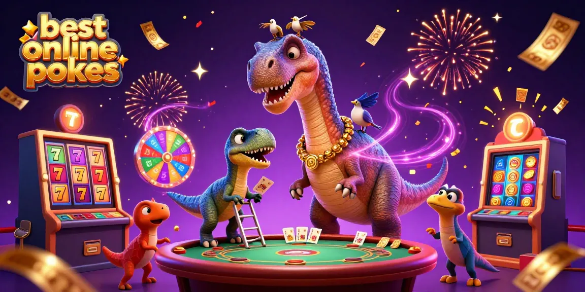 Experience the thrill of the best online pokies with a vibrant scene featuring colorful slot machines and playful dinosaurs.