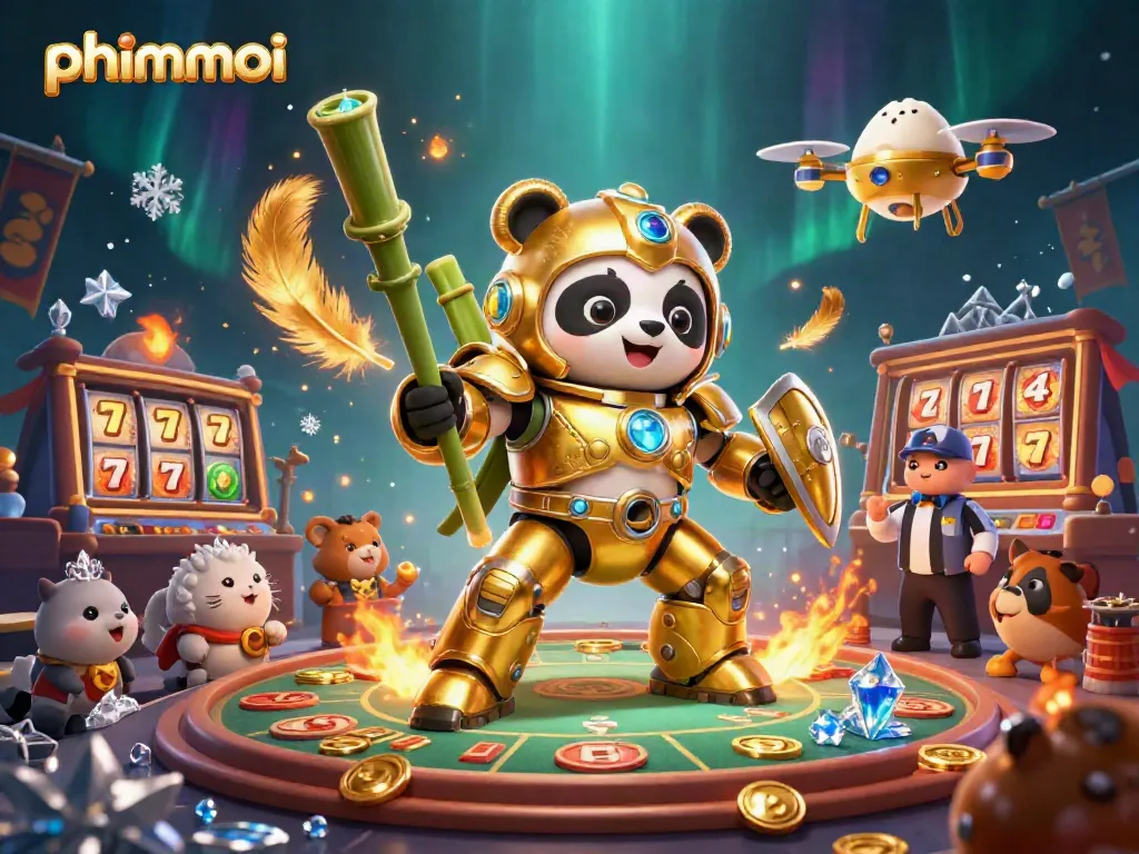 phimmoi showcases an arena filled with excitement as a mech-suit panda battles in a vibrant casino setting.