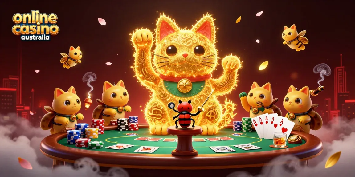 Experience animated luck with golden fireflies celebrating at an online casino australia scene