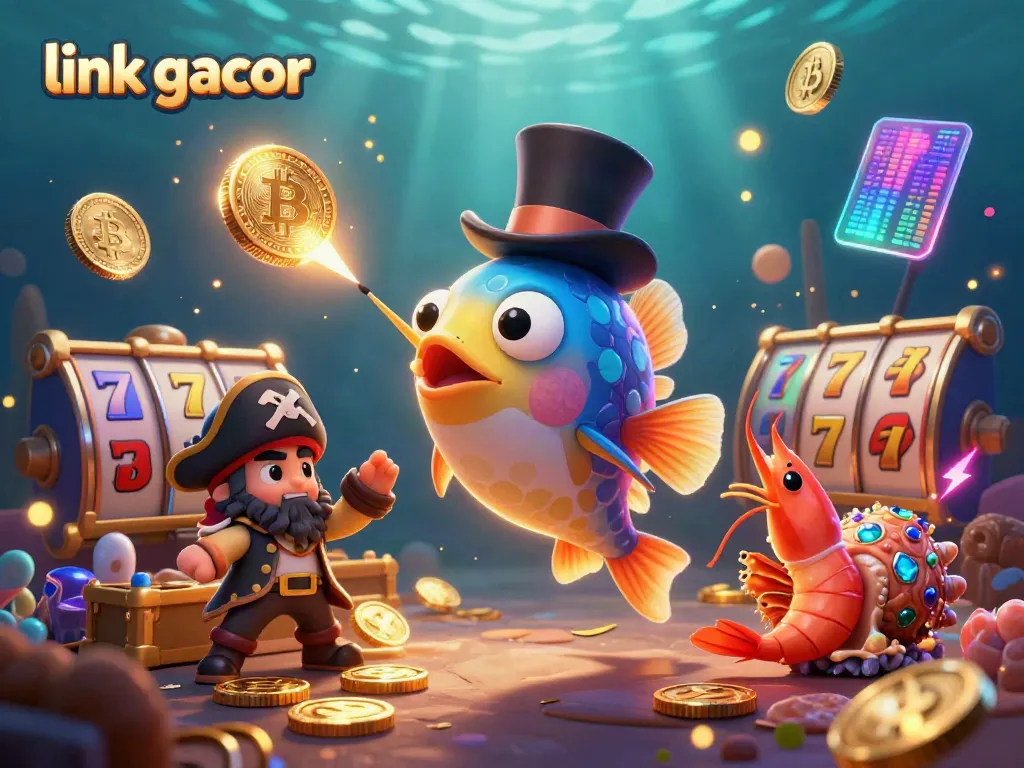 Engage with the captivating link gacor scene showcasing a deep-sea anglerfish and pirate shrimp in a vibrant casino theme.