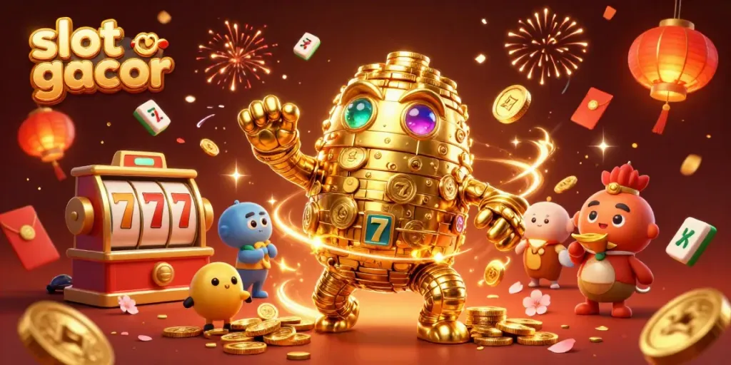 Experience thrilling slot gacor action with a golden golem surrounded by vibrant casino elements.