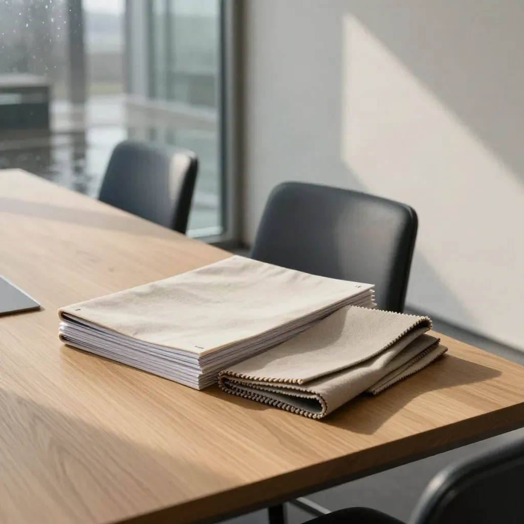 Rustige HR-strategiehoek met dossiers, wolstaal, stoelen en glaswand in zacht ochtendlicht.