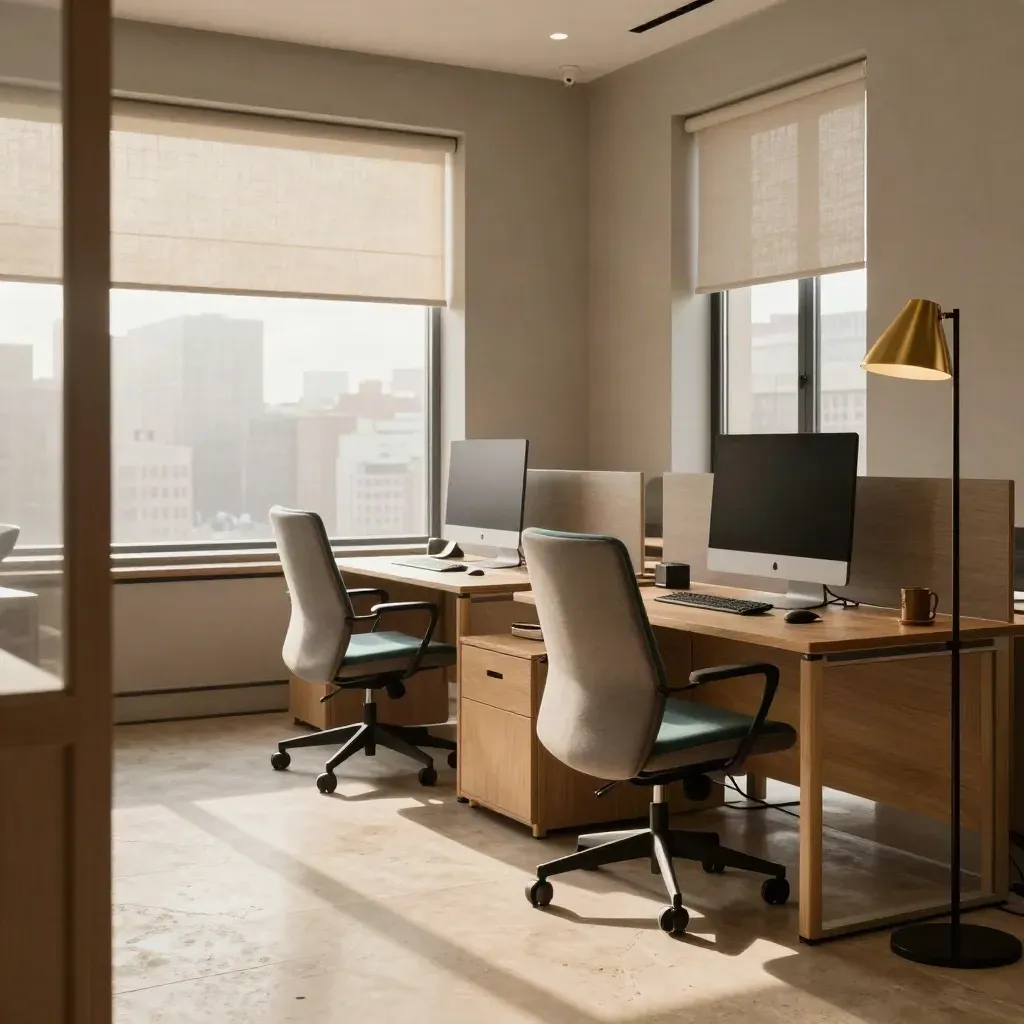 Leeg, helder kantoor met twee nieuwe werkplekken, stoelen en lamp in zacht ochtendlicht.