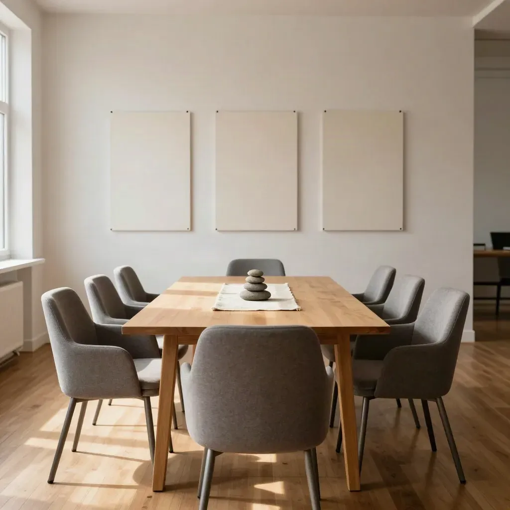 Stille teamruimte met stoelen, drie panelen en een stapel stenen in zacht daglicht.