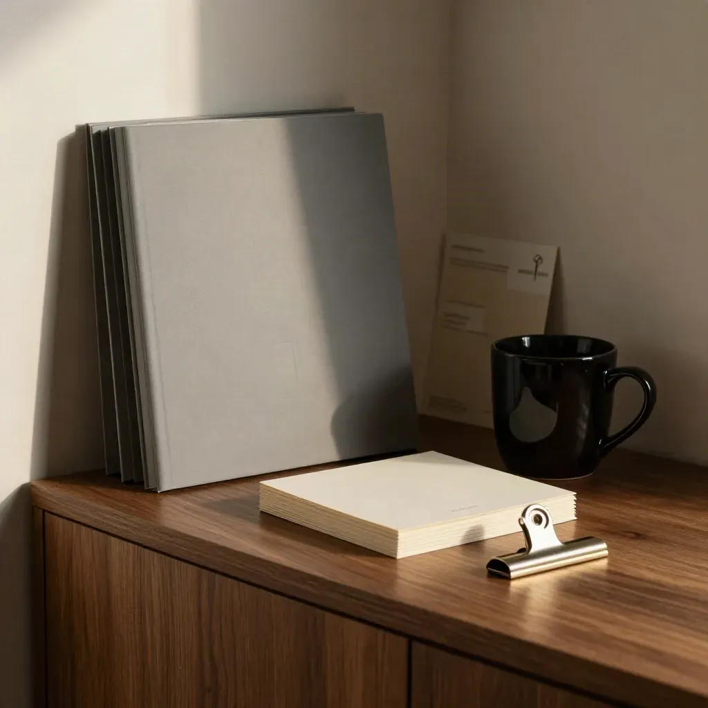 Matte mappen, zwarte beker, kaarten en metalen clip in dramatisch licht op een warme houten nis.