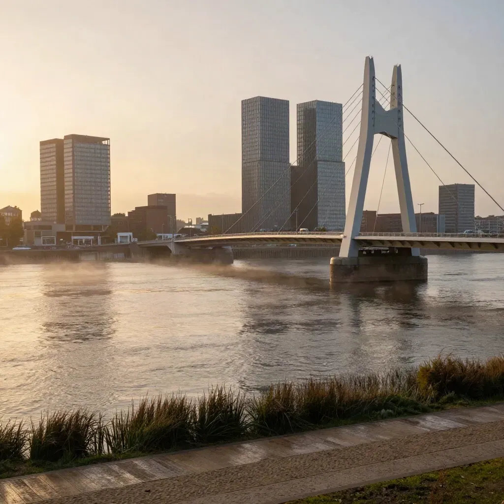 Rotterdamse skyline en bruggen in gouden avondlicht boven een rustige rivier.