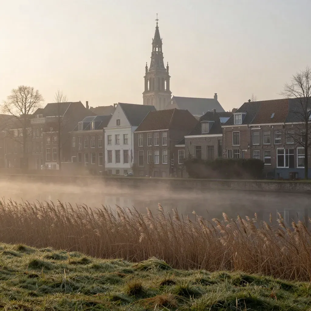 Domtoren boven Utrecht in ochtendlijke mist, met stille weilanden en grachten