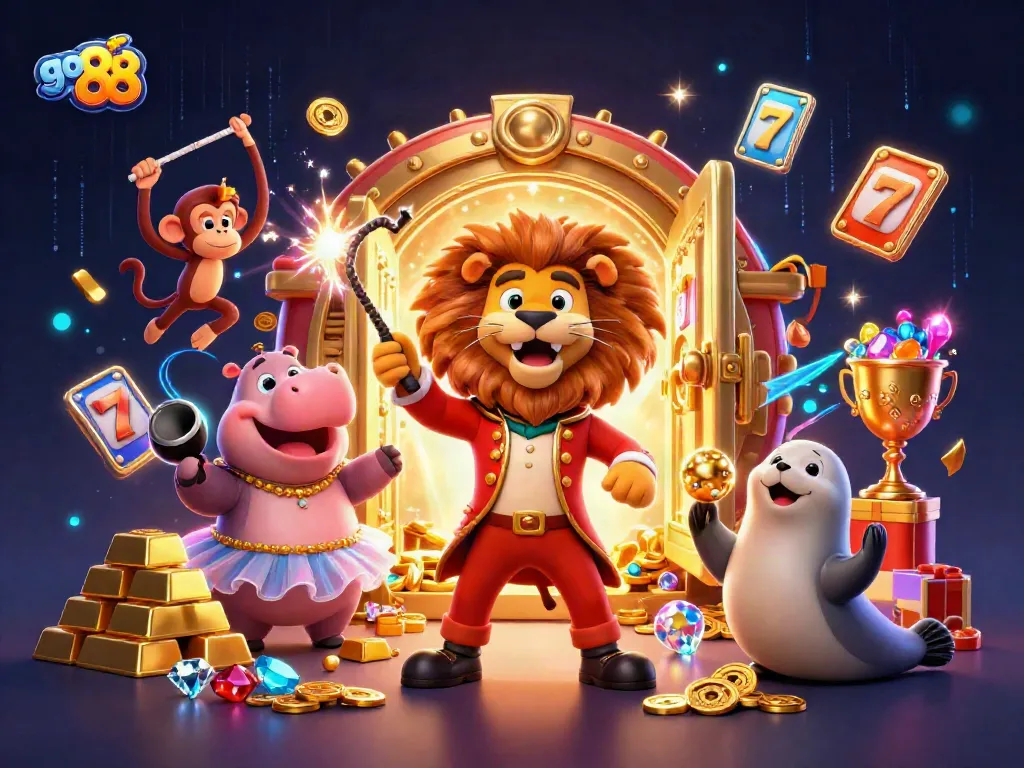 Join the excitement at go 88 with vibrant casino characters engaging around gold treasures and jackpot elements.