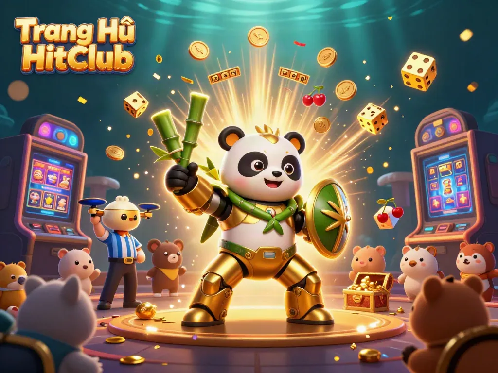 Experience the excitement of Trang Chủ HitClub with a vibrant 3D casino scene featuring a mech-suit panda and slot machines.