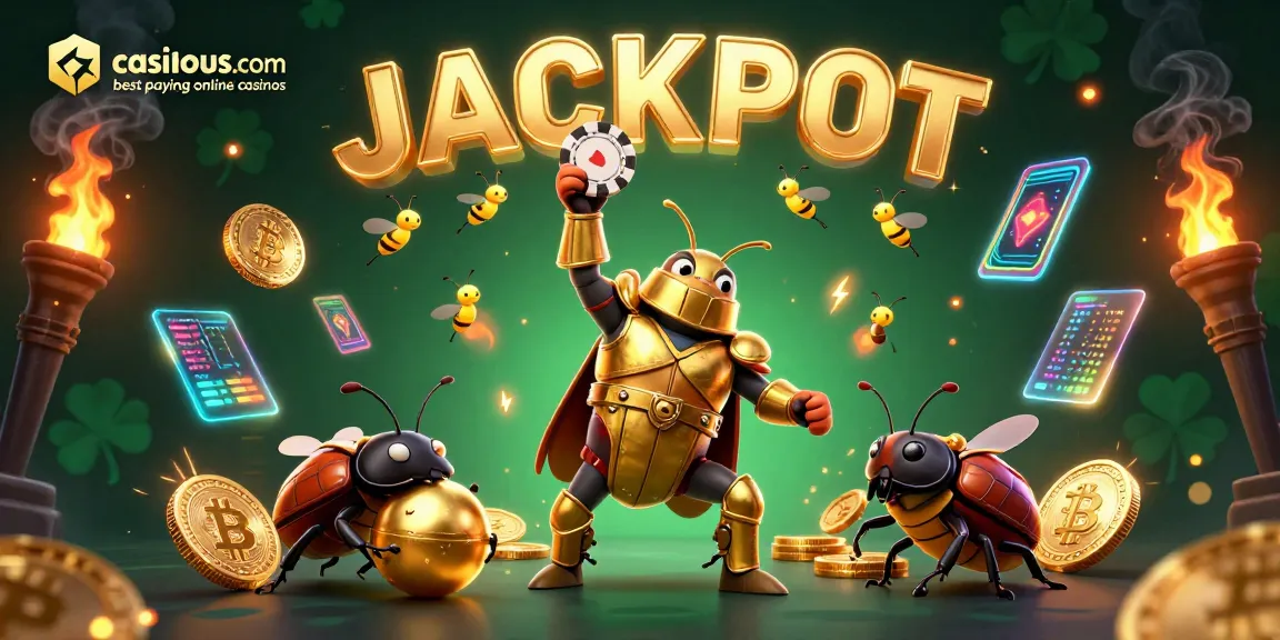 Win big at casinous.com best paying online casinos featuring a celebratory beetle in poker action.