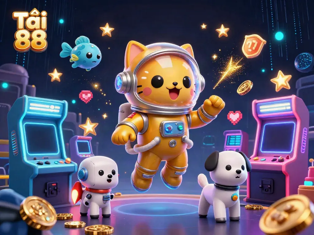Engage with Tải go 88 as a colorful 3D cartoon illustration featuring a space cat and robot dog in a vibrant casino galaxy.