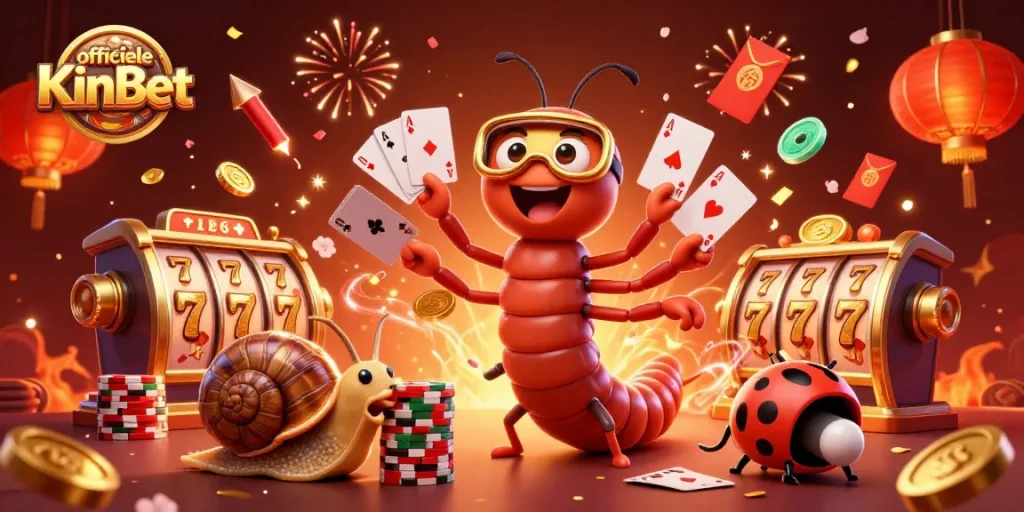 Play thrilling games at officiële KinBet with a dynamic 3D illustration of a millipede dealer and vibrant casino elements.
