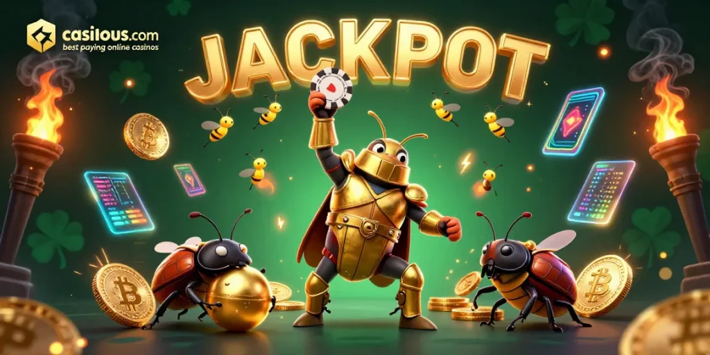 Win big at casinous.com best paying online casinos featuring a celebratory beetle in poker action.